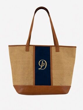 Thirty-One Straw Shoulder Navy Monogram “D” Leather Trim Large Summer Beach Bag